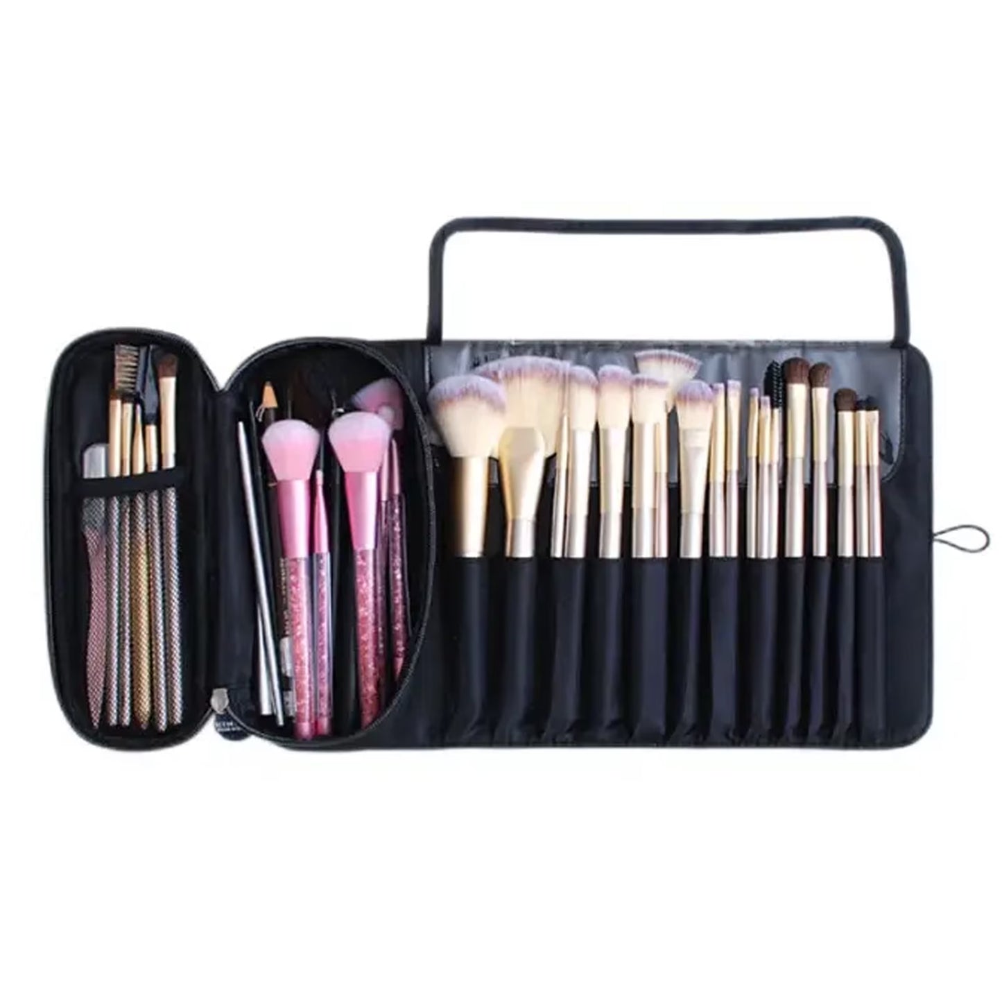 Makeup Brush Holder Makeup Brush Bag Travel Case Pouch Cosmetic Bag Organizer Travel Portable Cosmetics Brushes Black Leather Case with Small Clear Bag for Makeup Artists (Black)