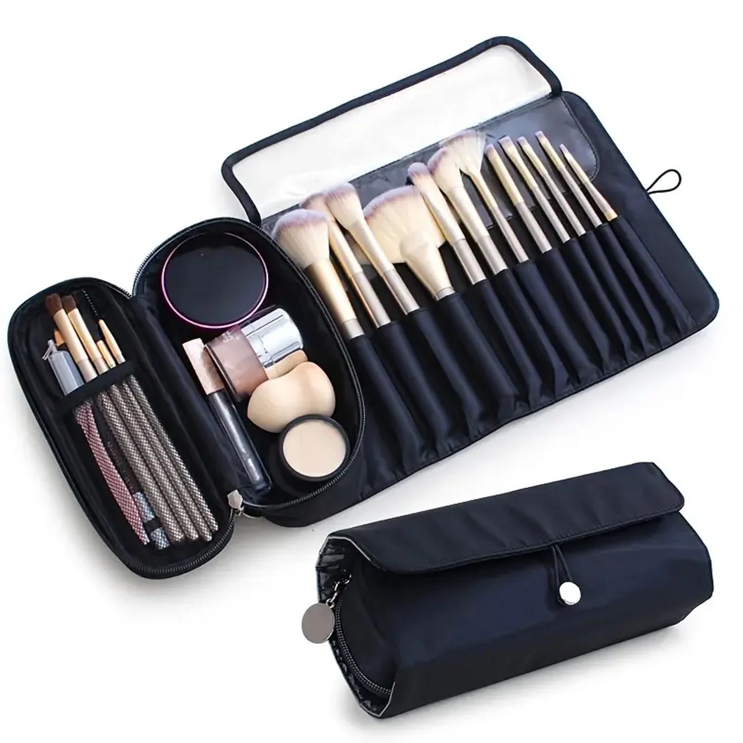 Makeup Brush Holder Makeup Brush Bag Travel Case Pouch Cosmetic Bag Organizer Travel Portable Cosmetics Brushes Black Leather Case with Small Clear Bag for Makeup Artists (Black)