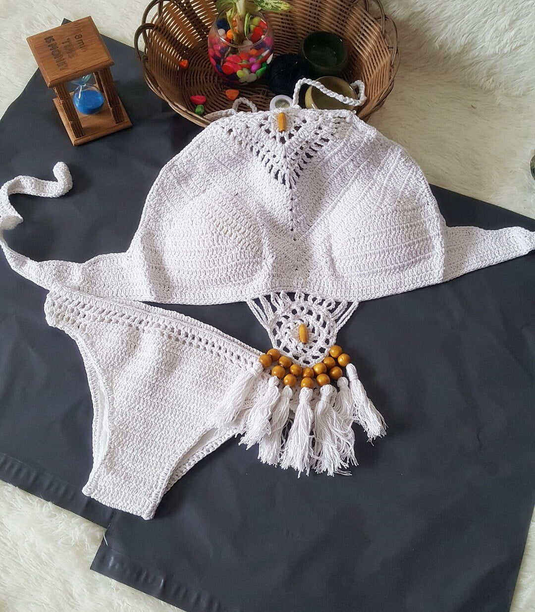 Europe and the United States New Woman Swimsuit Set, Beach Sunshine Bath, Foreign Trade Crochet Crochet Tassel Bikini