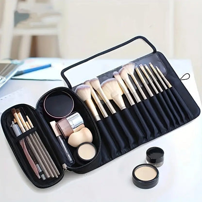 Makeup Brush Holder Makeup Brush Bag Travel Case Pouch Cosmetic Bag Organizer Travel Portable Cosmetics Brushes Black Leather Case with Small Clear Bag for Makeup Artists (Black)