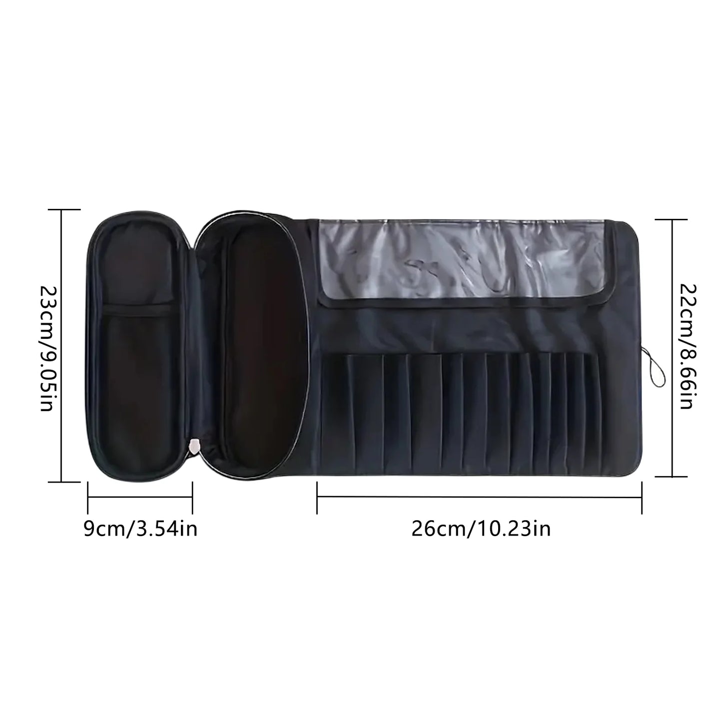 Makeup Brush Holder Makeup Brush Bag Travel Case Pouch Cosmetic Bag Organizer Travel Portable Cosmetics Brushes Black Leather Case with Small Clear Bag for Makeup Artists (Black)